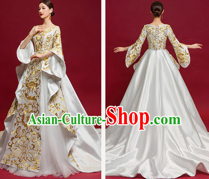 Chinese National Catwalks Golden Flowers Trailing Full Dress Traditional Compere Cheongsam for Women