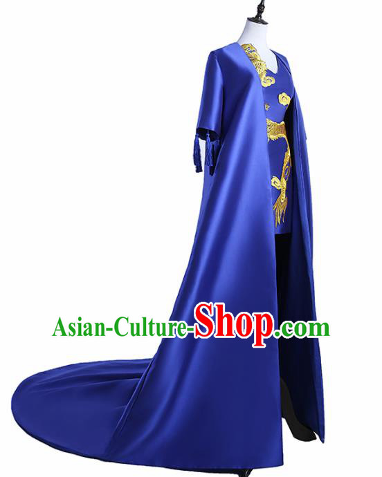 Chinese National Catwalks Costume Royalblue Trailing Cheongsam Traditional Tang Suit Qipao Dress for Women