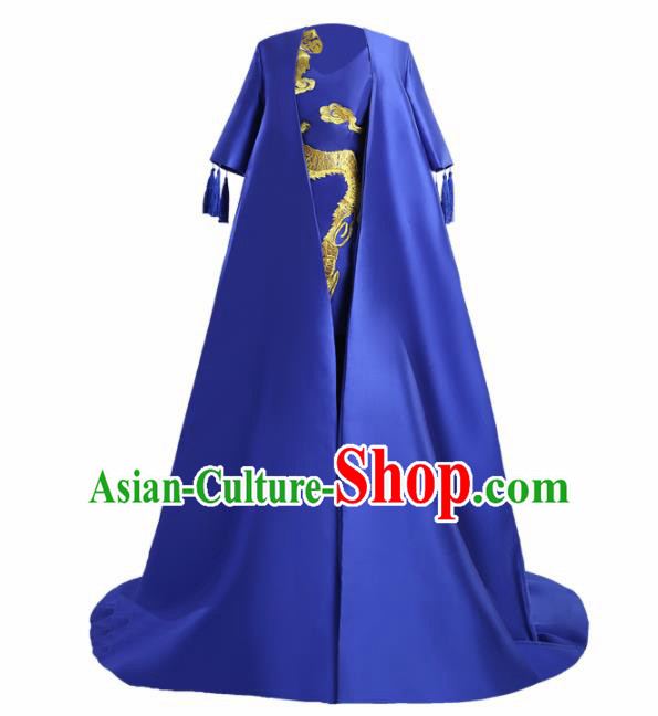 Chinese National Catwalks Costume Royalblue Trailing Cheongsam Traditional Tang Suit Qipao Dress for Women
