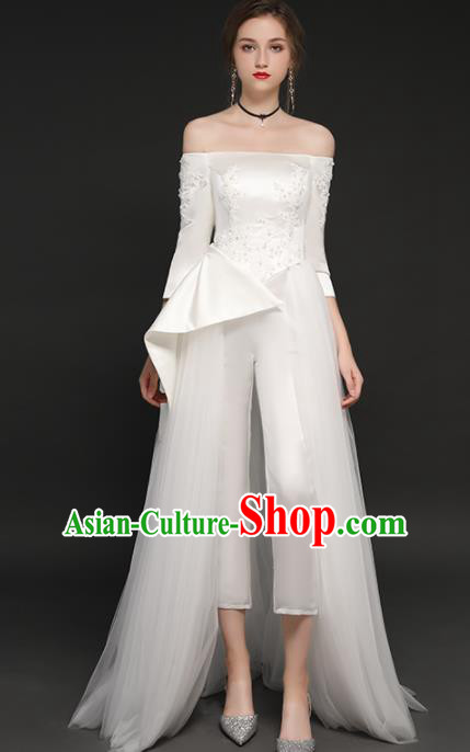 Top Grade Catwalks White Veil Trailing Full Dress Modern Dance Party Compere Costume for Women