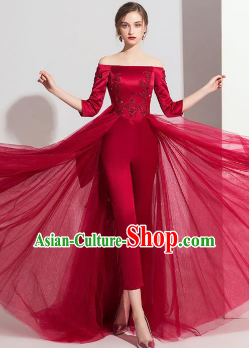 Top Grade Catwalks Wine Red Veil Full Dress Modern Dance Party Compere Costume for Women