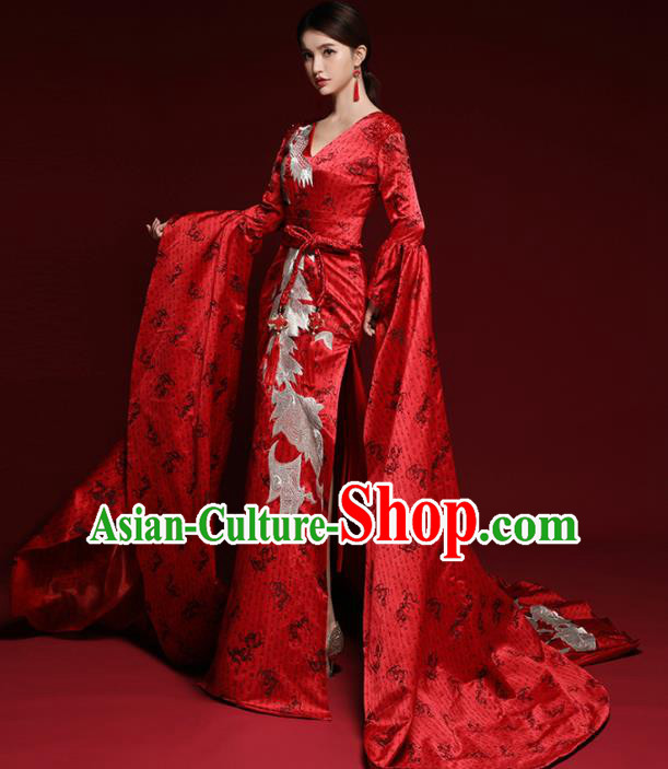 Chinese National Catwalks Red Trailing Cheongsam Traditional Costume Tang Suit Qipao Dress for Women