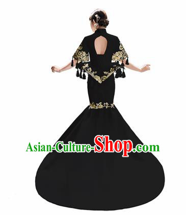Chinese National Catwalks Embroidered Black Trailing Cheongsam Traditional Costume Tang Suit Qipao Dress for Women