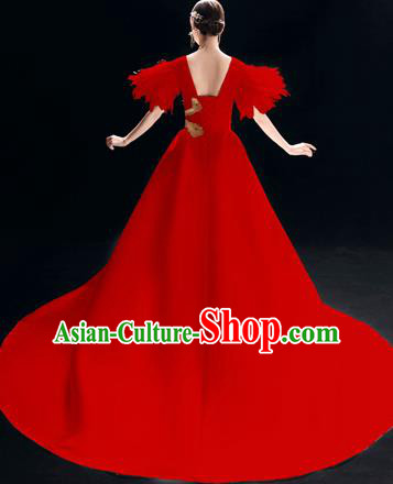 Top Grade Catwalks Red Trailing Full Dress Modern Dance Party Compere Embroidered Costume for Women