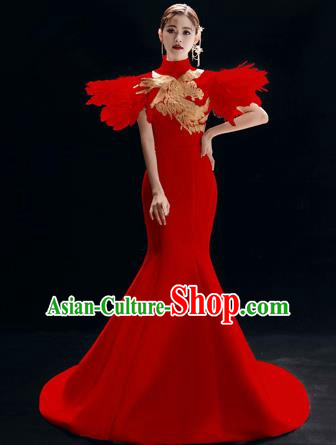 Chinese National Catwalks Embroidered Red Cheongsam Traditional Costume Tang Suit Trailing Qipao Dress for Women