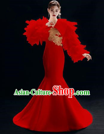 Top Grade Catwalks Red Feather Trailing Full Dress Modern Dance Party Compere Costume for Women