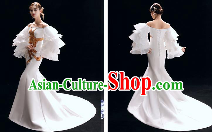 Top Grade Catwalks Embroidered White Trailing Full Dress Modern Dance Party Compere Costume for Women