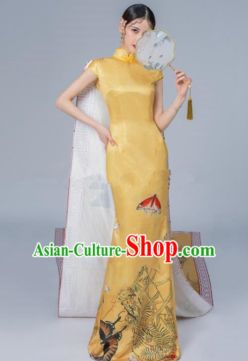 Chinese National Catwalks Printing Golden Cheongsam Traditional Costume Tang Suit Qipao Dress for Women