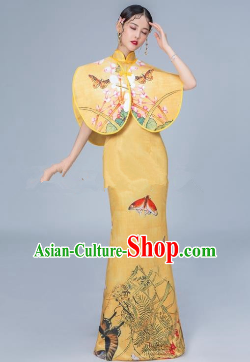Chinese National Catwalks Printing Butterfly Golden Cheongsam Traditional Costume Tang Suit Qipao Dress for Women
