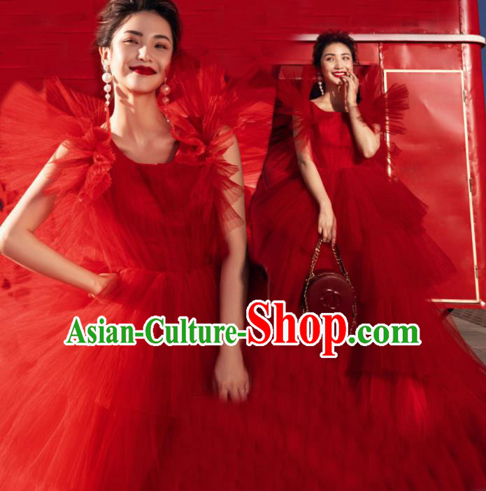 Top Grade Catwalks Compere Red Veil Full Dress Modern Dance Party Costume for Women