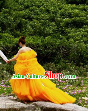 Top Grade Catwalks Compere Yellow Veil Trailing Full Dress Modern Dance Party Costume for Women