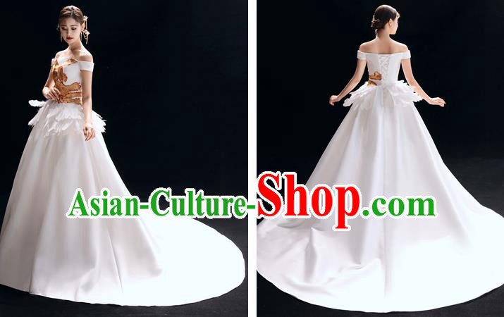 Top Grade Catwalks Compere Embroidered White Trailing Full Dress Modern Dance Party Costume for Women