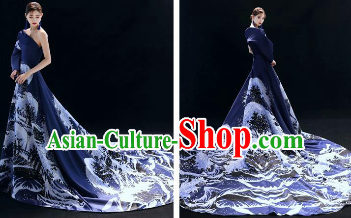 Top Grade Catwalks Compere Printing Navy Trailing Full Dress Modern Dance Party Costume for Women