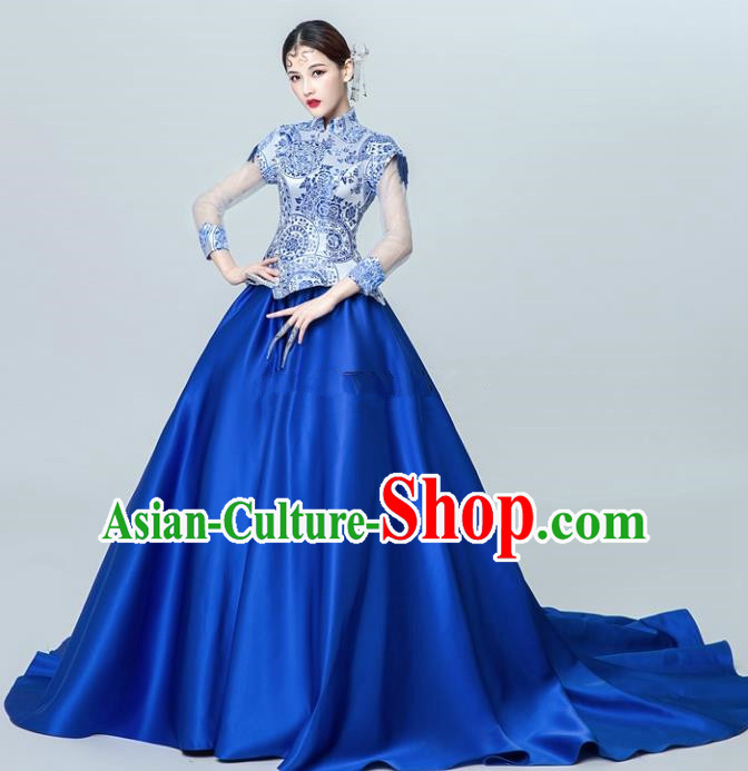 Chinese National Catwalks Blue Trailing Cheongsam Traditional Costume Tang Suit Silk Qipao Dress for Women