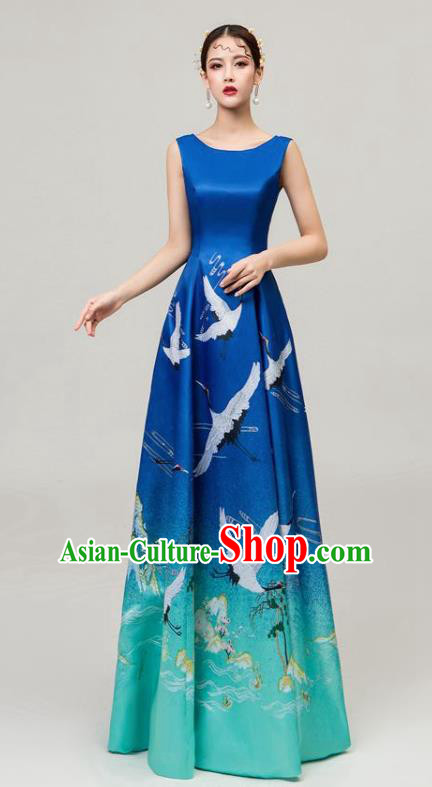 Chinese National Catwalks Printing Cranes Blue Cheongsam Traditional Costume Tang Suit Qipao Dress for Women