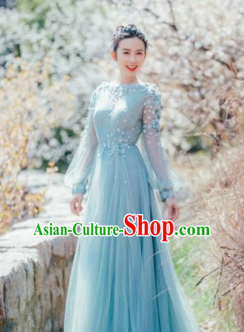 Top Grade Compere Costume Modern Dance Party Catwalks Blue Veil Full Dress for Women
