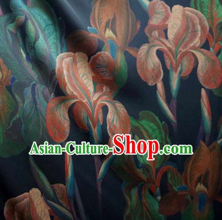 Asian Chinese Traditional Flowers Pattern Design Navy Watered Gauze Cheongsam Silk Fabric Chinese Fabric Material