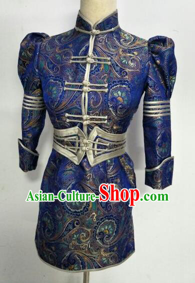 Chinese Traditional Mongolian Ethnic Royalblue Robe Mongol Nationality Female Dress Costume for Women