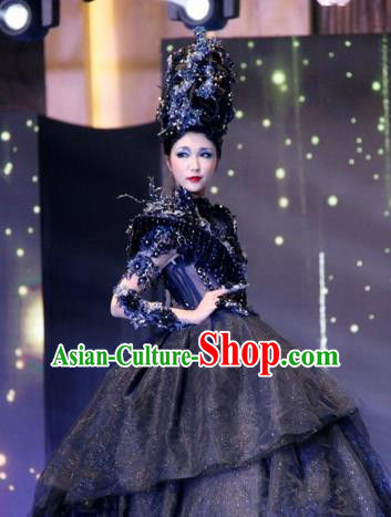 Handmade Europe Court Modern Fancywork Stage Show Black Full Dress Halloween Cosplay Queen Fancy Ball Costume for Women
