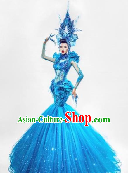 Handmade Modern Fancywork Stage Show Blue Veil Fishtail Dress Halloween Cosplay Queen Fancy Ball Costume for Women
