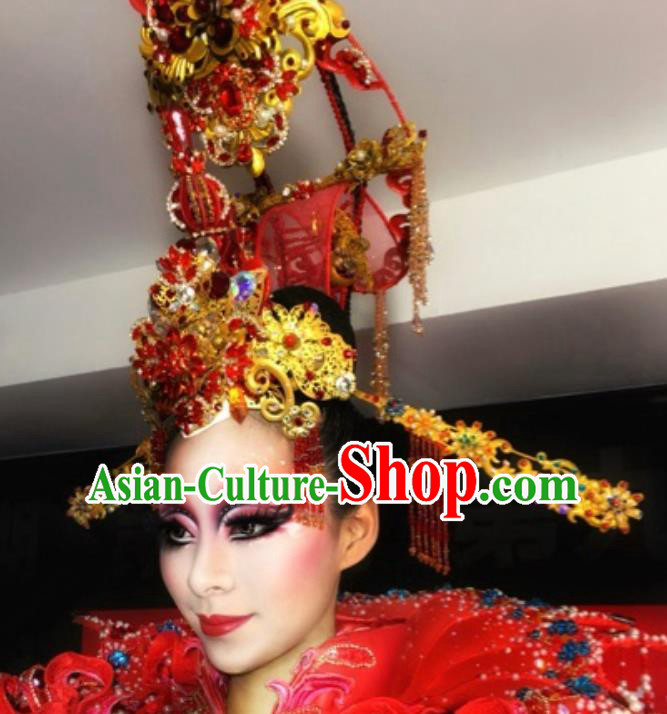 Chinese Traditional Stage Show Red Phoenix Coronet Deluxe Hair Accessories Handmade Cosplay Queen Hat Headwear for Women