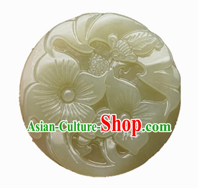Handmade Chinese Jade Carving Bat Flowers Pendant Traditional Jade Craft Jewelry Accessories