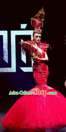 Traditional Chinese Catwalks Costume Stage Show Modern Fancywork Red Veil Fishtail Dress for Women