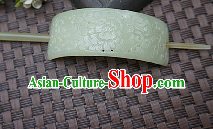Chinese Handmade Jade Hairpins Carving Peony Flowers Jade Hairdo Crown Hair Accessories for Women for Men