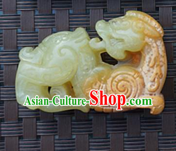 Handmade Chinese Ancient Yellow Jade Carving Pi Xiu Pendant Traditional Jade Craft Jewelry Accessories