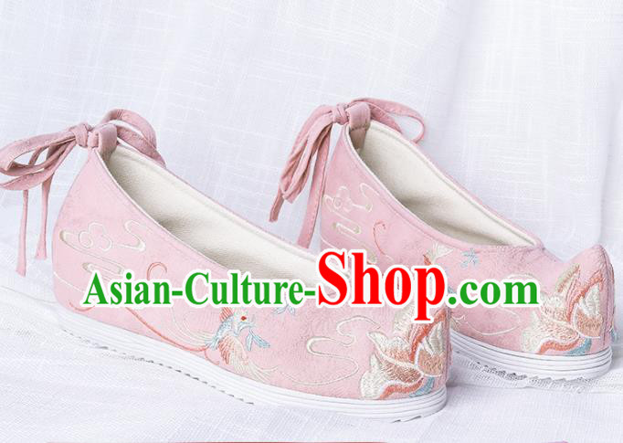 Chinese Traditional Embroidered Phoenix Peony Pink Shoes Hanfu Cloth Shoes Handmade Ancient Princess Shoes for Women