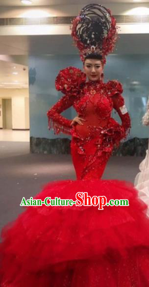 Handmade Europe Court Stage Show Red Fishtail Dress Halloween Cosplay Fancy Ball Modern Fancywork Costume for Women