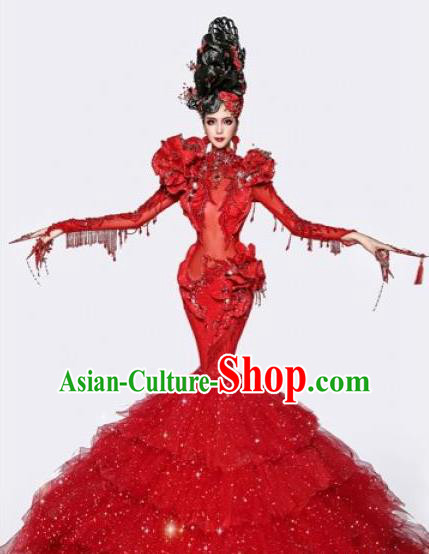Handmade Modern Fancywork Stage Show Court Red Veil Full Dress Halloween Cosplay Queen Fancy Ball Costume for Women