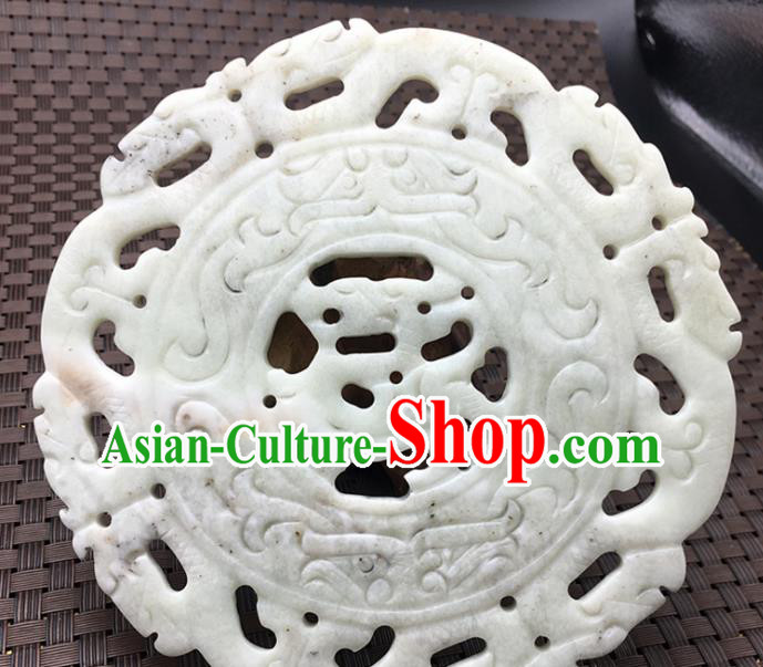 Chinese Handmade Carving Dragon White Jade Ring Pendant Jewelry Accessories Ancient Traditional Jade Craft Decoration