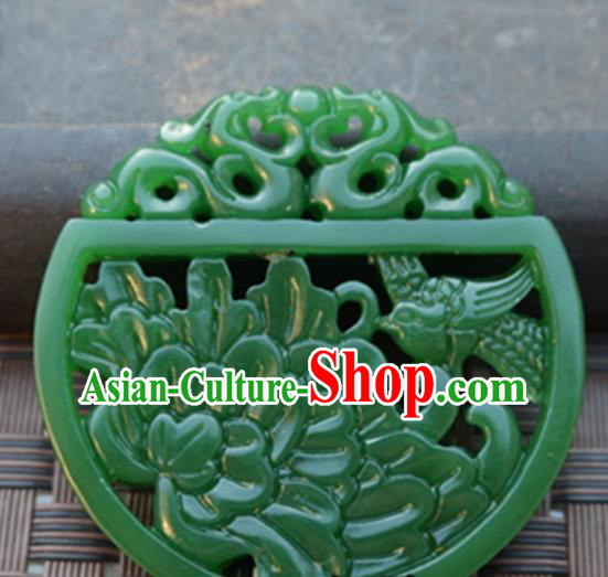 Handmade Chinese Ancient Green Jade Carving Peony Bird Pendant Traditional Jade Craft Jewelry Decoration Accessories
