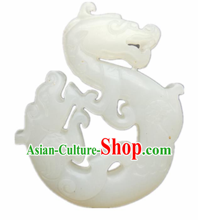 Chinese Ancient Jewelry Accessories Carving Dragon White Jade Pendant Traditional Handmade Jade Craft Decoration