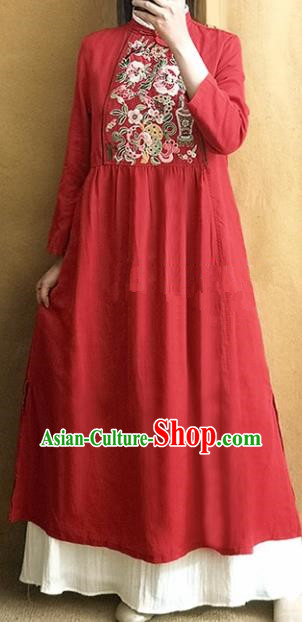 Traditional Chinese Tang Suit Red Linen Cheongsam Embroidered Qipao Dress National Costume for Women