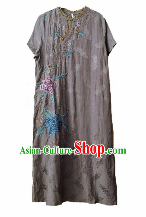 Traditional Chinese National Costume Tang Suit Embroidered Grey Cheongsam Qipao Dress for Women