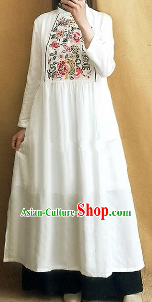 Traditional Chinese Tang Suit White Linen Cheongsam Embroidered Qipao Dress National Costume for Women