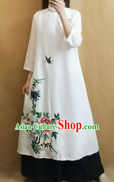 Traditional Chinese Tang Suit Embroidered Peony White Cheongsam Qipao Dress National Costume for Women