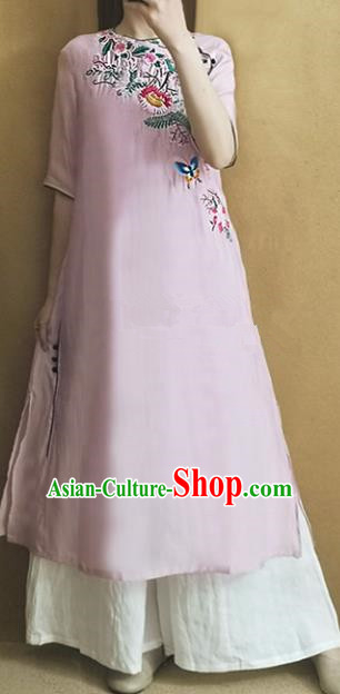 Traditional Chinese National Costume Tang Suit Embroidered Lilac Cheongsam Qipao Dress for Women