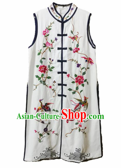 Traditional Chinese Embroidered Phoenix Peony White Long Vest Upper Outer Garment Tang Suit Waistcoat National Costume for Women