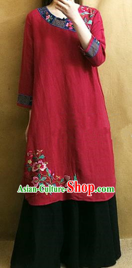 Traditional Chinese Embroidered Flowers Red Linen Cheongsam Tang Suit Qipao Dress National Costume for Women