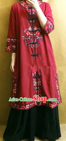 Traditional Chinese Embroidered Flowers Red Long Coat Tang Suit Outer Garment National Costume for Women