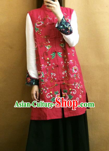Traditional Chinese Embroidered Peony Red Long Vest Tang Suit Upper Outer Garment National Costume for Women