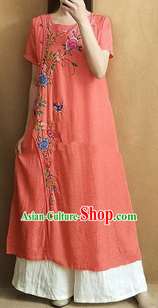 Traditional Chinese National Costume Tang Suit Embroidered Peony Orange Qipao Dress for Women