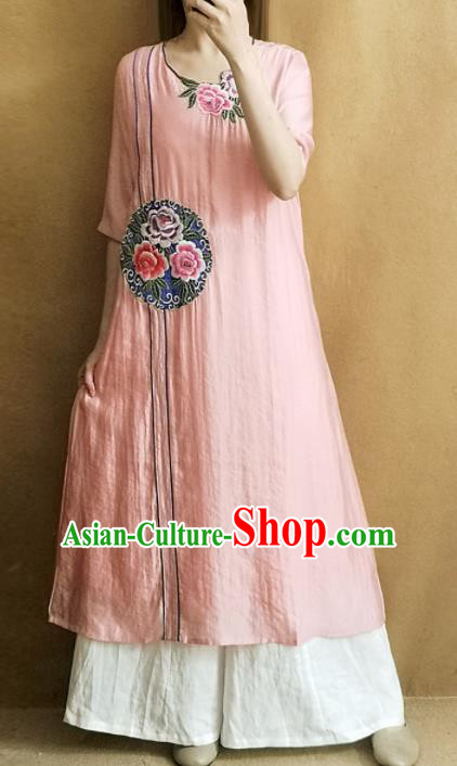 Traditional Chinese Embroidered Peony Pink Linen Cheongsam Qipao Dress Tang Suit National Costume for Women