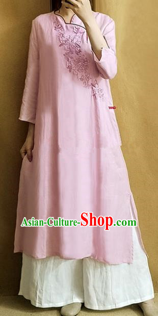 Traditional Chinese Embroidered Pink Linen Qipao Dress Tang Suit Cheongsam National Costume for Women