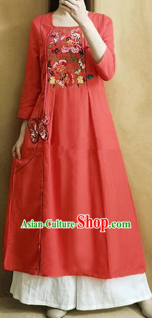 Traditional Chinese Embroidered Peony Red Linen Qipao Dress Tang Suit Cheongsam National Costume for Women