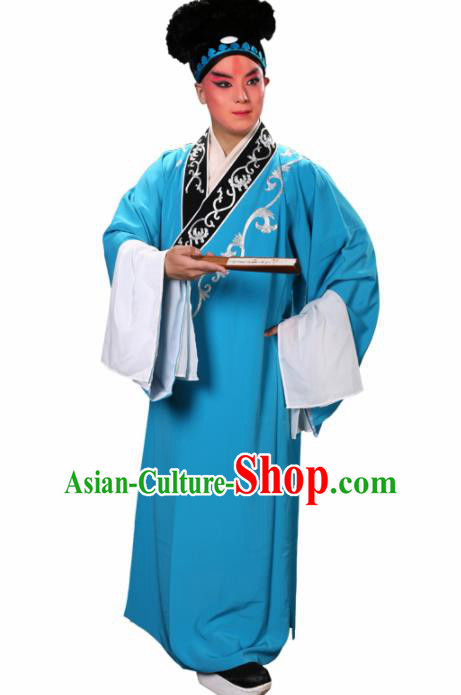Handmade Chinese Beijing Opera Niche Costume Traditional Peking Opera Scholar Embroidered Light Blue Robe for Men