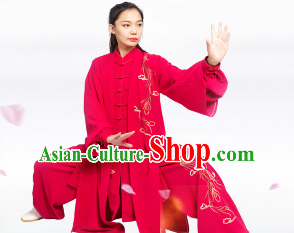 Lucky Red Top Chinese Classical Competition Championship Professional Tai Chi Stage Performance Uniforms Clothing and Mantle Complete Set for Women or Men